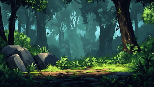 Enchanted Forest Clearing with Misty Atmosphere and Ancient Trees