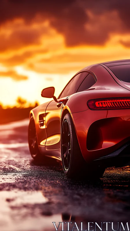 Sunset-soaked sports coupe prowls along a rain-glossed road