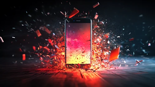 Smartphone stands amid digitally rendered explosive debris field
