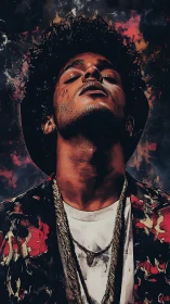 Stylized portrait of man in hat with dramatic upward perspective