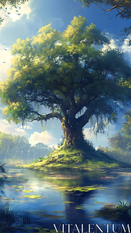 Ancient oak tree rises over tranquil reflective forest pond