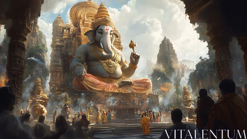 Large Ganesha statue in expansive temple complex setting.