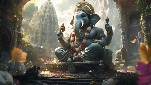 Petals whirl as the serene elephant deity blesses ruins