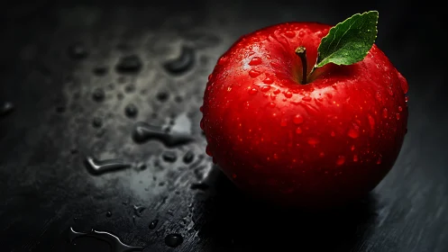 Glossy red apple with water droplets on dark surface.