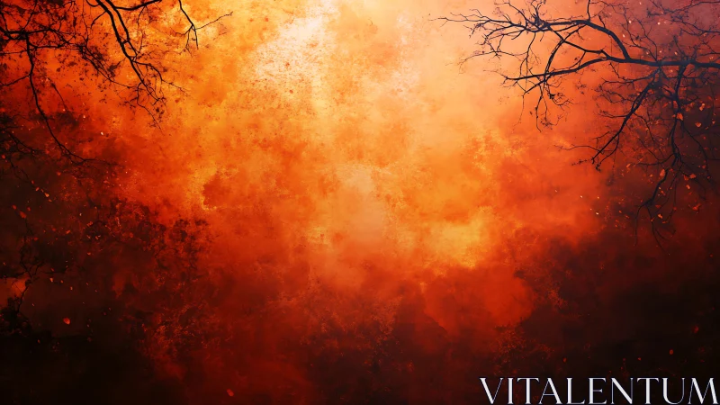 Firestorm landscape with bare branches and smoke haze.