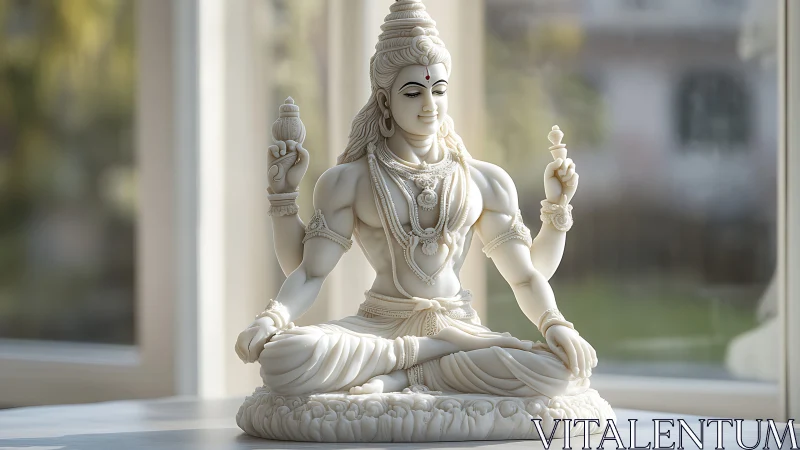 Sunlit ivory deity settles into tranquil, sculpted silence