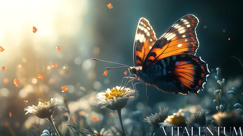 Monarch butterfly rests on daisies in glowing sunrise field.