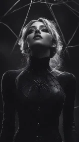 Woman in black spiderweb bodysuit lit from below stands still