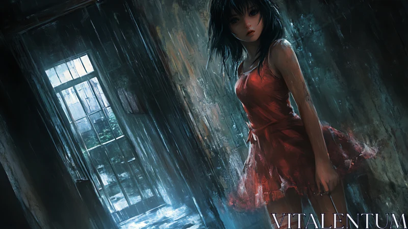 Rain-soaked anime girl in red dress stands in decayed corridor