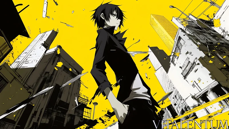 Angular urban anime composition with dynamic yellow void.