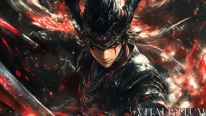 Dynamic demonic swordsman with motion-blurred energy trails and glowing eyes