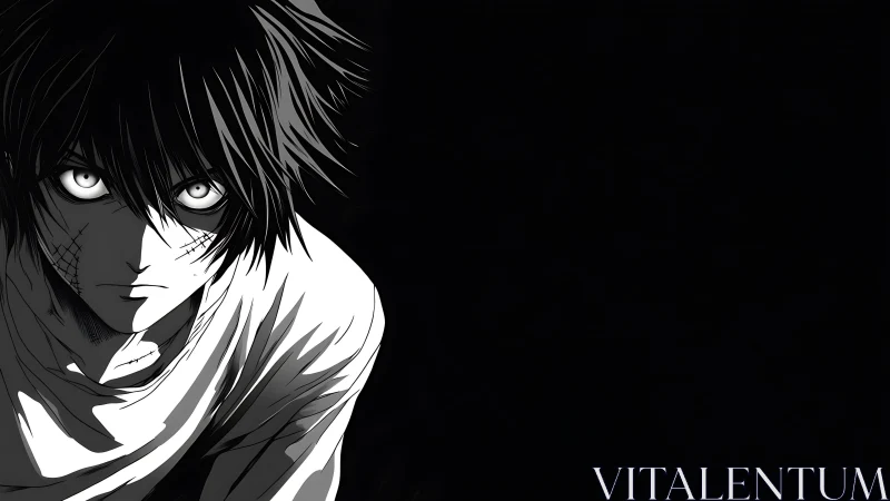 Brooding monochrome anime boy in stark side lighting.