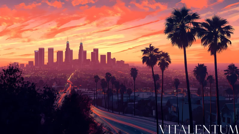 Sunset boulevard view of Los Angeles skyline in neon dusk tones.