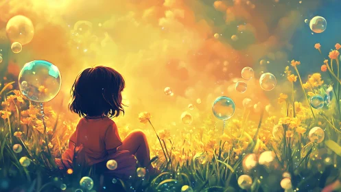 Digital painting of child in luminous meadow with bubbles.
