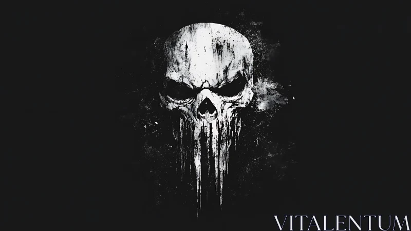 Grunge skull emblem drips through stark black void. Period.