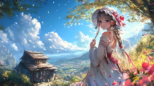 Rural hillside anime figure overlooks valley landscape
