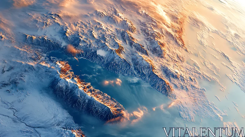 Sunlit polar mountains rise above icy seas in orbital view