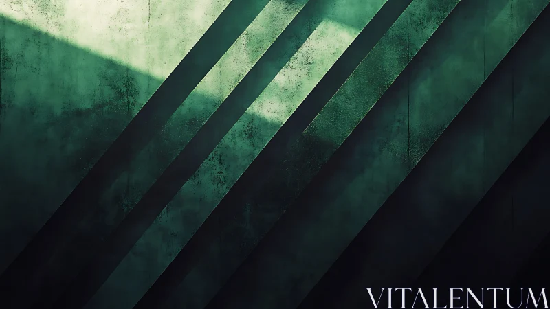 Green diagonal beams carve textured abstract light field.