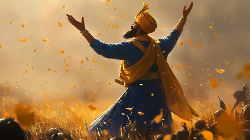 Turbaned figure in blue garments amid falling orange petals.