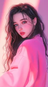Neon dusk leans softly across her pastel-lit gaze