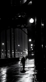 Noir urban streetscape with lone figure and wet reflections.