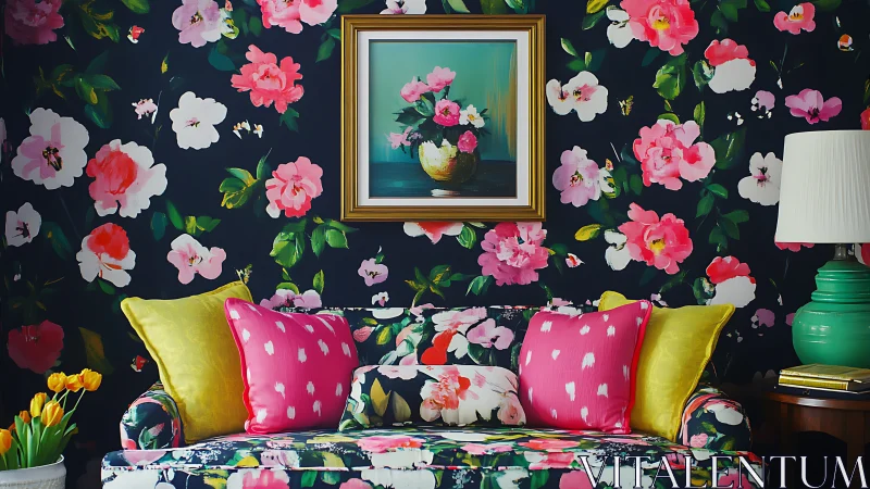 Floral living room bursts with saturated pattern and color.