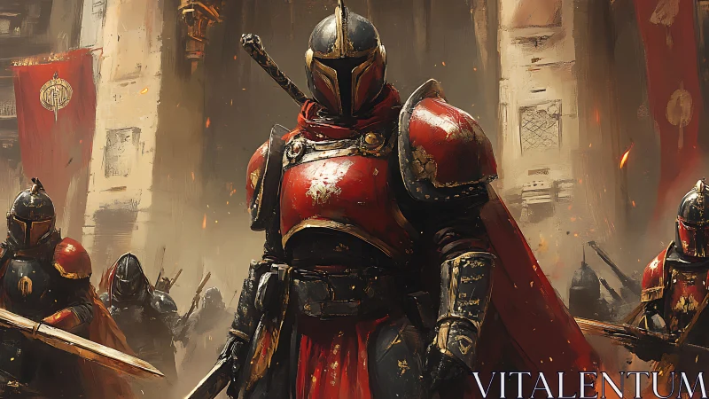 Proud red-clad knights stand united before a burning citadel