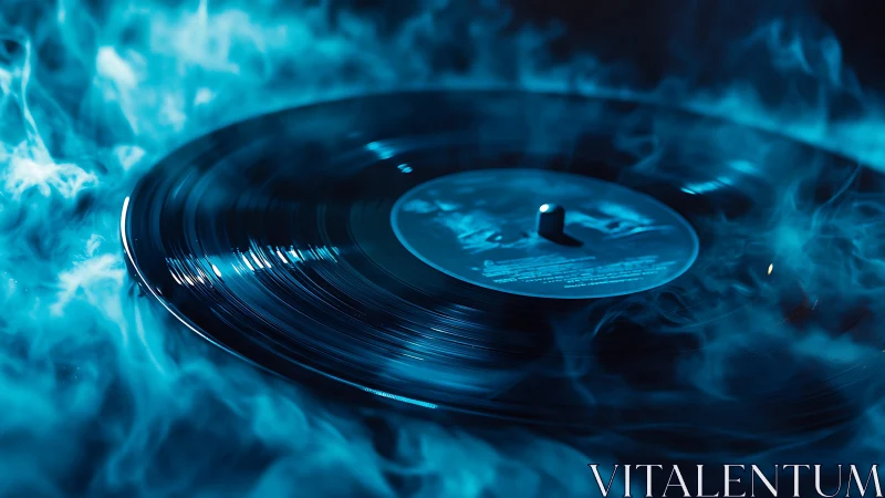 Spinning vinyl record glows softly in swirling blue smoke