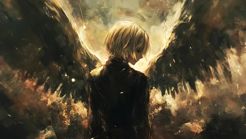 Luminous-winged figure pauses in a storm of shadow and light