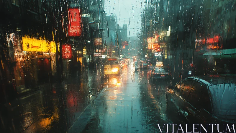 Rain-soaked city street viewed through wet glass at dusk.
