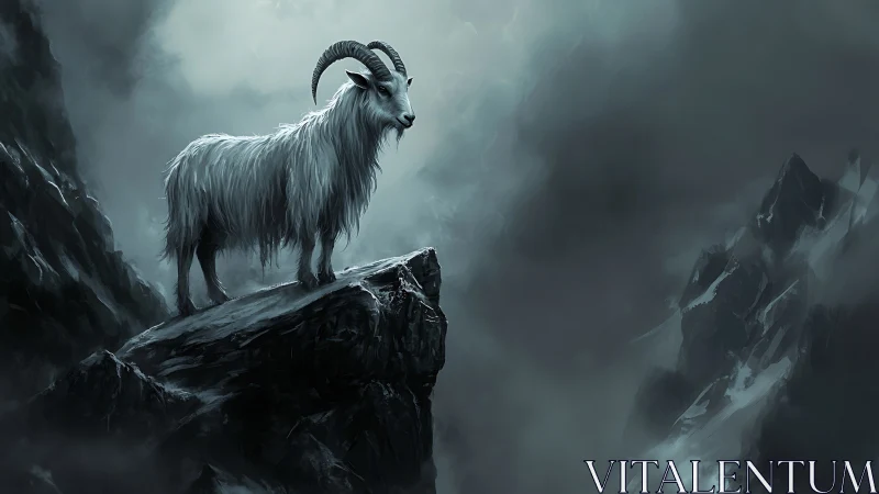 Mountain goat rendered on jagged cliff in desaturated storm haze