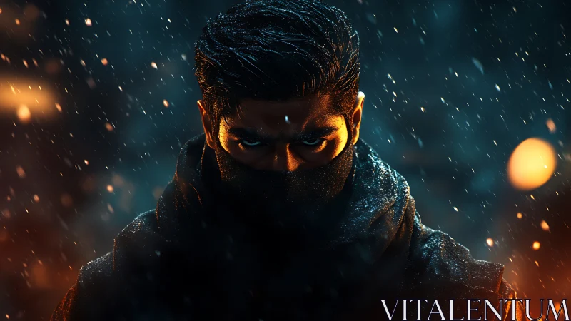 Stormlit vigilante in ember snow, eyes burning through night.