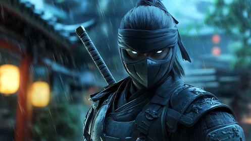 Masked armored ninja with glowing eyes in rainy alleyway.