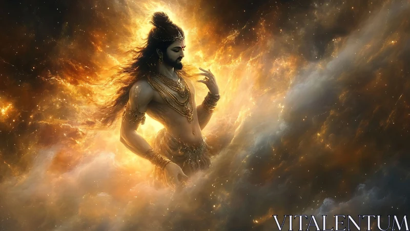 Mythic male figure in luminous cosmic cloud field.