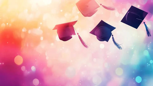 Graduation caps are depicted in motion over blurred bokeh field
