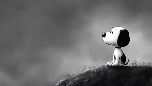 Cartoon dog seated on grassy ridge under cloudy sky.