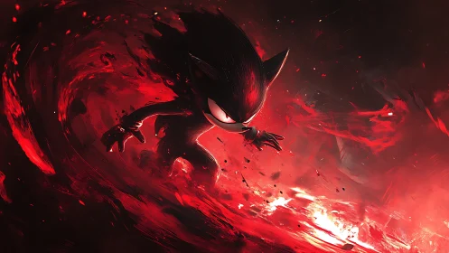 Shadowy speed-form amid turbulent red energy vortex field.