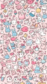 Kawaii pastel bunnies and critters scatter across soft pink.