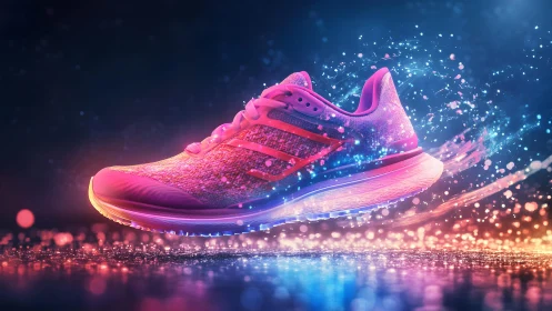 Vibrant Pink Running Shoe in Dynamic Neon Light Digital Art.