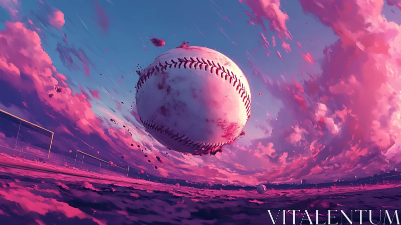 Giant baseball arcs over glowing pink sunset field sky
