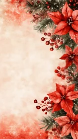 Watercolor poinsettia border with red berries on cream.