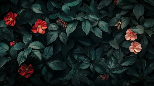 Dark teal foliage cradles scattered red and blush flowers softly
