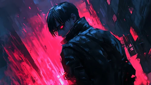 Mysterious neon-eyed antihero in a glowing cyber street.