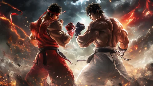 Twin warriors ignite a stormy arena of blazing resolve.