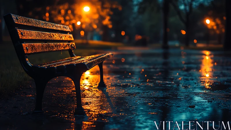Rain-soaked park bench glows under moody dusk streetlights