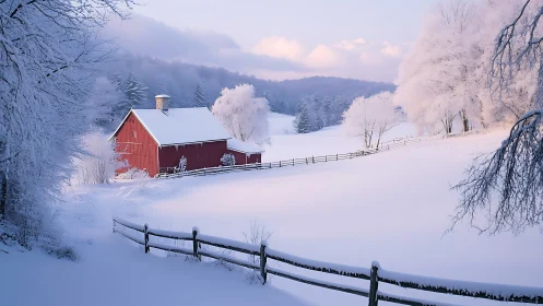 Red barn in frosted rural valley under pastel winter light.