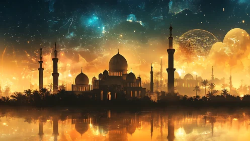 Silhouetted domed city reflects in water under glowing sky