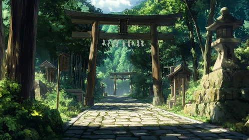 Sunlit shrine pathway framed by wooden torii gates in forest.