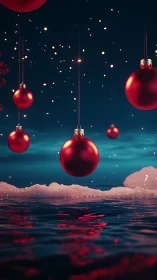 Red Christmas baubles over reflective winter water at dusk.