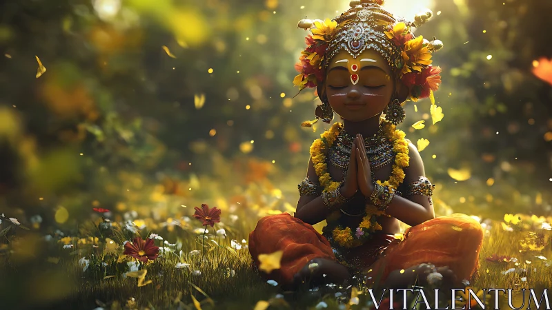 Peaceful child deity meditating in a sunlit flower meadow.